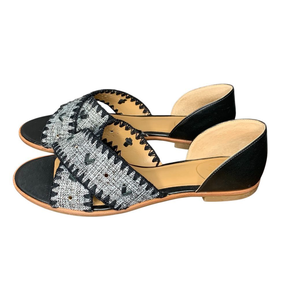 Jack Rogers leather and tweed Lindsey Textile flat sandal in black. Size 9.5